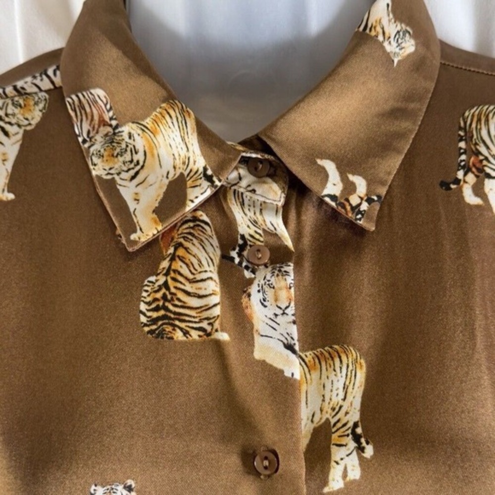 ZARA‎ Tiger Print Long Sleeve Button Down Shirt Women's L Brown Preppy  72-27 - Picture 6 of 15